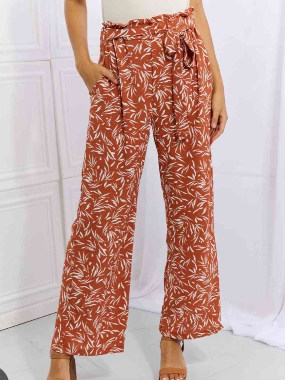 Kaktus Rust Paperbag Waist Wide-Leg Pants with White Leaf Print